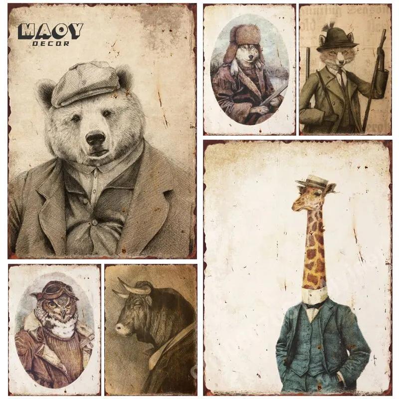 Vintage Wild Animals Metal Tin Sign Rustic Wall Art for Bar Cafe Restaurant Garage Home Decor