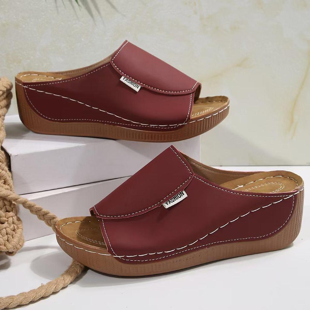 Large Size 43 with Sloping Heel and Thick Bottom Fish Mouth Sandals, Summer Beach Open Toed Shoes with Rocking Line