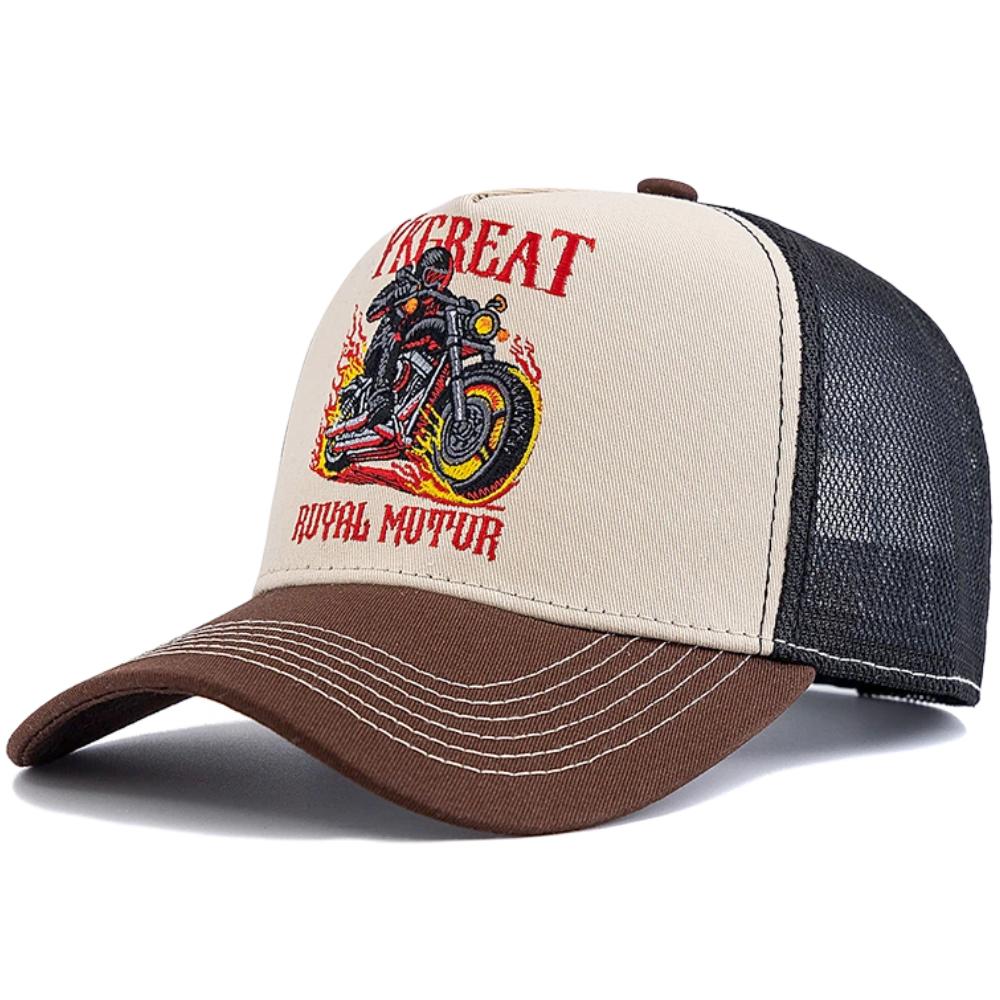 New Motorcycle Embroidered Trucker Hat Flame Biker Patch Baseball Cap For Man Woman Breathable Streetwear Summer Mesh Caps