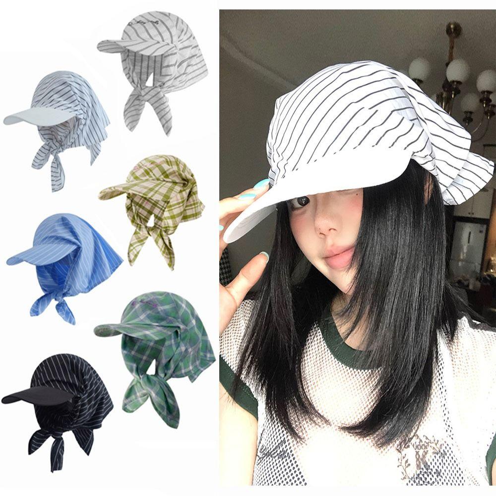 Retro Plaid Tied Head Cap Breathable Strap Headscarf Hat Sunshade Baseball Caps Travel Vacation