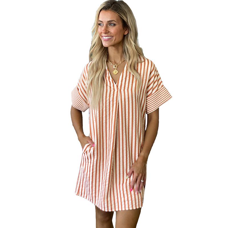 2026 V-neck Short-sleeved Stripe Dress – Women s Summer European & American Style Medium
