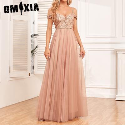 Off-the-shoulder Halter Double V-neck Sequined Embroidery Patchwork Party Dress Elegant A Swing Tulle Dress