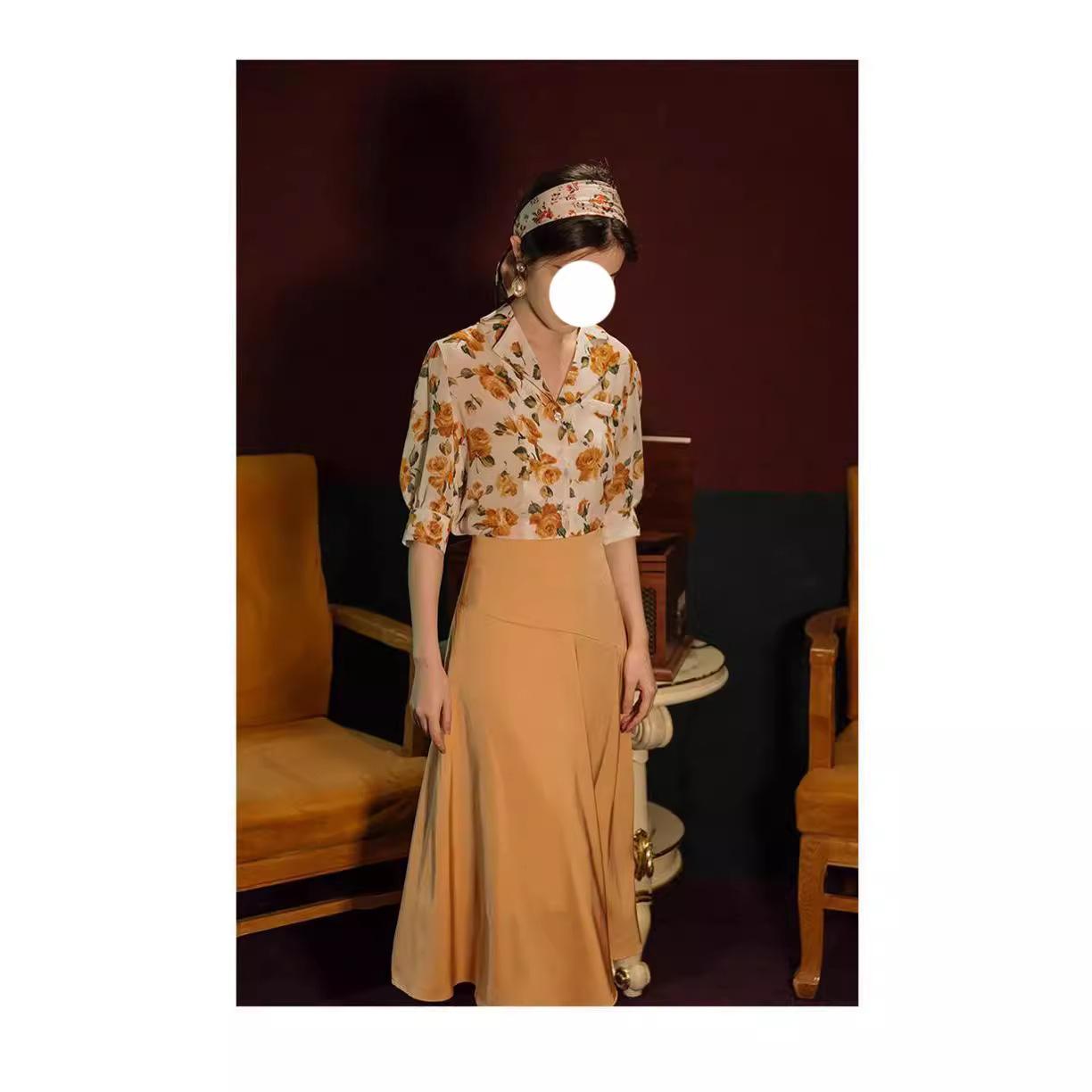 Hong Kong style suit women s summer color shirt retro high waist yellow skirt temperament looks thin and light two-piece skirt S