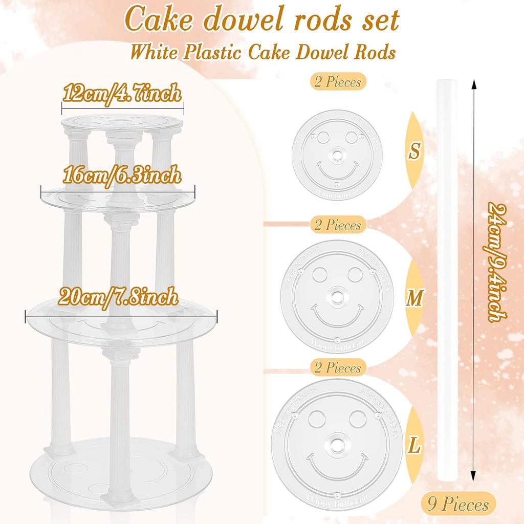 27-Piece Cake Tier Stacking Kit - Includes 12 Roman Columns (3 Sizes), 6 Cake Boards (12/16/20cm), and 9 Dowel Rods for Wedding and Tiered Cakes