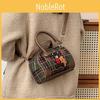 Retro Small Artistic Bear Embroidery Check Pattern Handbag For Casual Outings