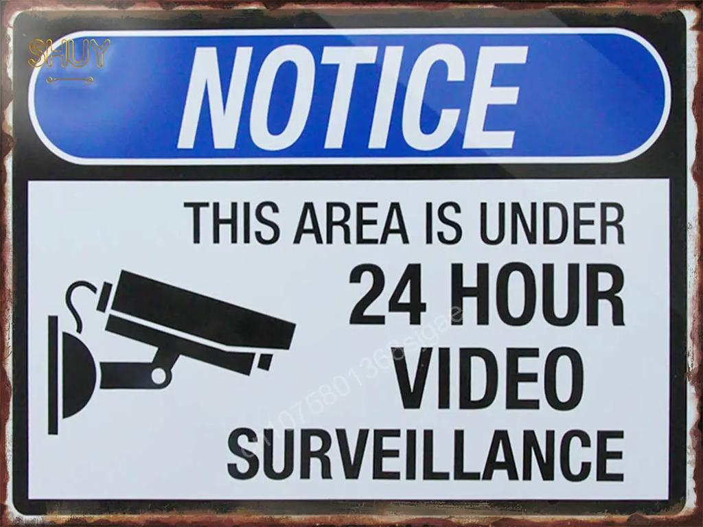Retro Metal Tin Sign S Warning Red 24 Hour Video Surveillance Custom Painting Picture for Shop Bar Cafe English &Spanish Word