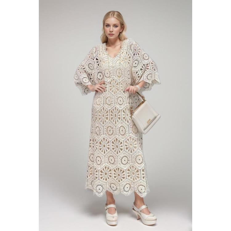 Neues Damen Sommer Casual Locker Basic Mode Langarm Spitze Gestrickt Weiß Dimanaf Kleid