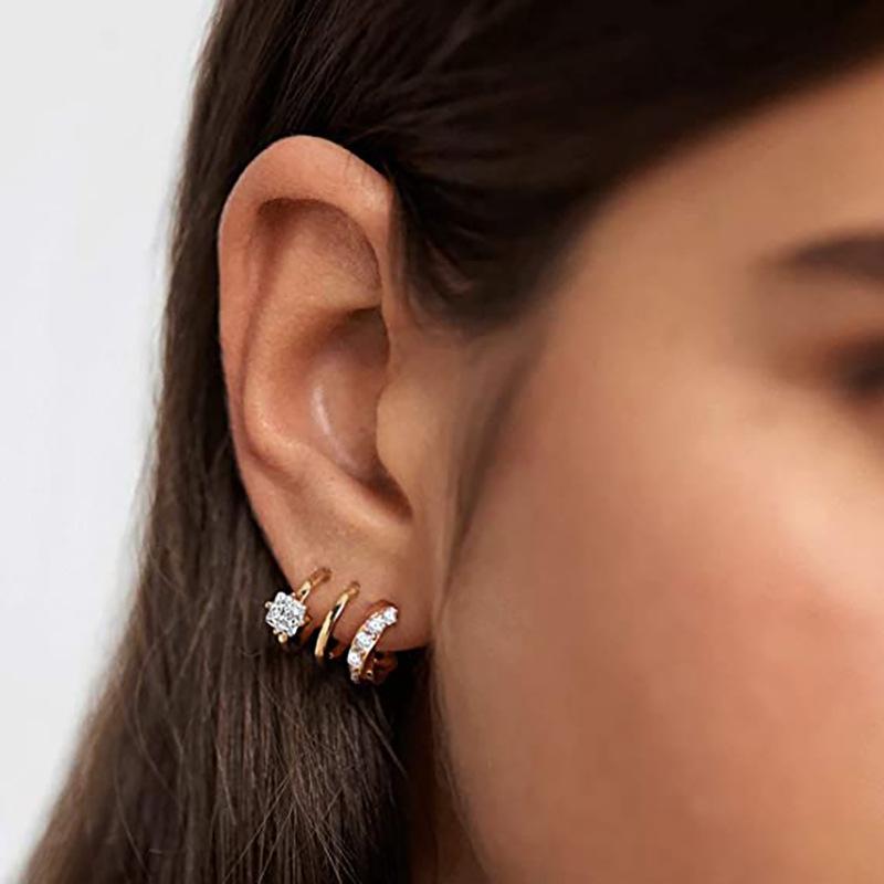 Dot Diamond Zircon Internet Celebrity Exquisite Personalized Stud Earrings, Three-Claw Curved Line Earrings, Classic Commuting High Sense