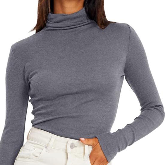 Women Bottoming Tops Slim Fit Stacked Collar Long Sleeve Solid Color Pullover Shirt Elastic Jumper Daily Wear
