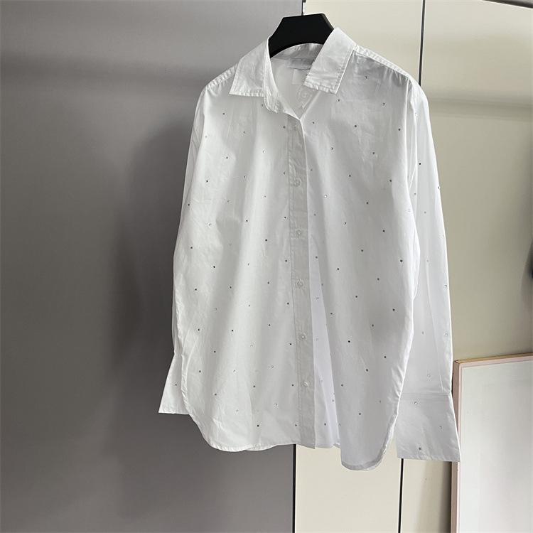 European Style Women s Spring Lapel Long Sleeve Loose Rhinestone Embellished Shirt M