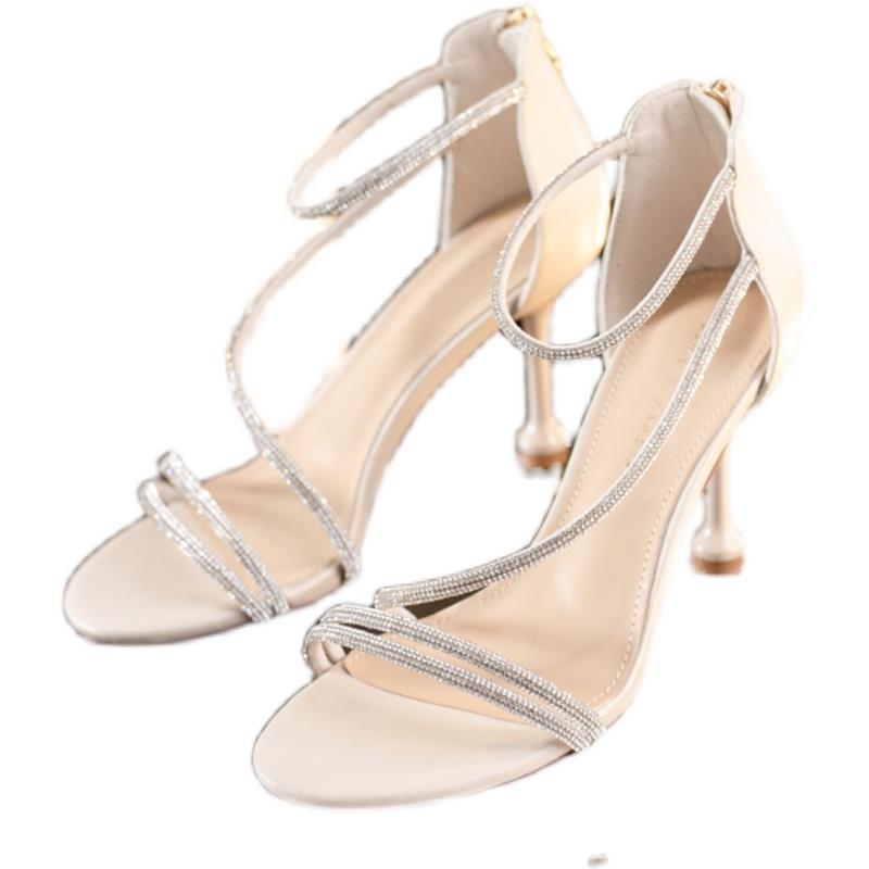 French Small Sandals Girl 2025 New Summer Stiletto with Skirt Rhinestones Word with Temperament High Heels Fairy Style