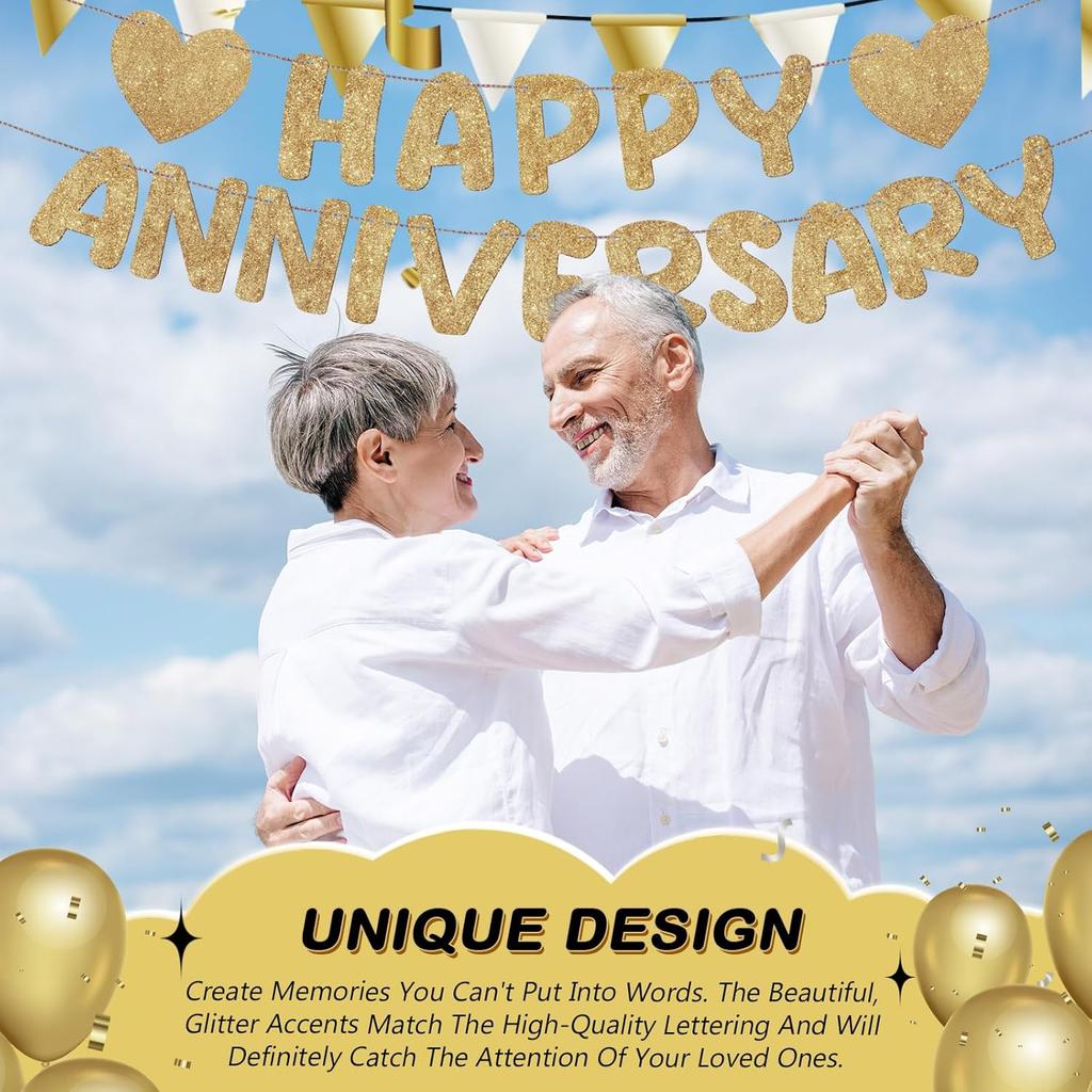 Fulmoon Happy Anniversary Banner Glitter Happy Anniversary Decorations Wedding Party Banner Romantic Decorations No DIY Pre-strung for Wedding Party