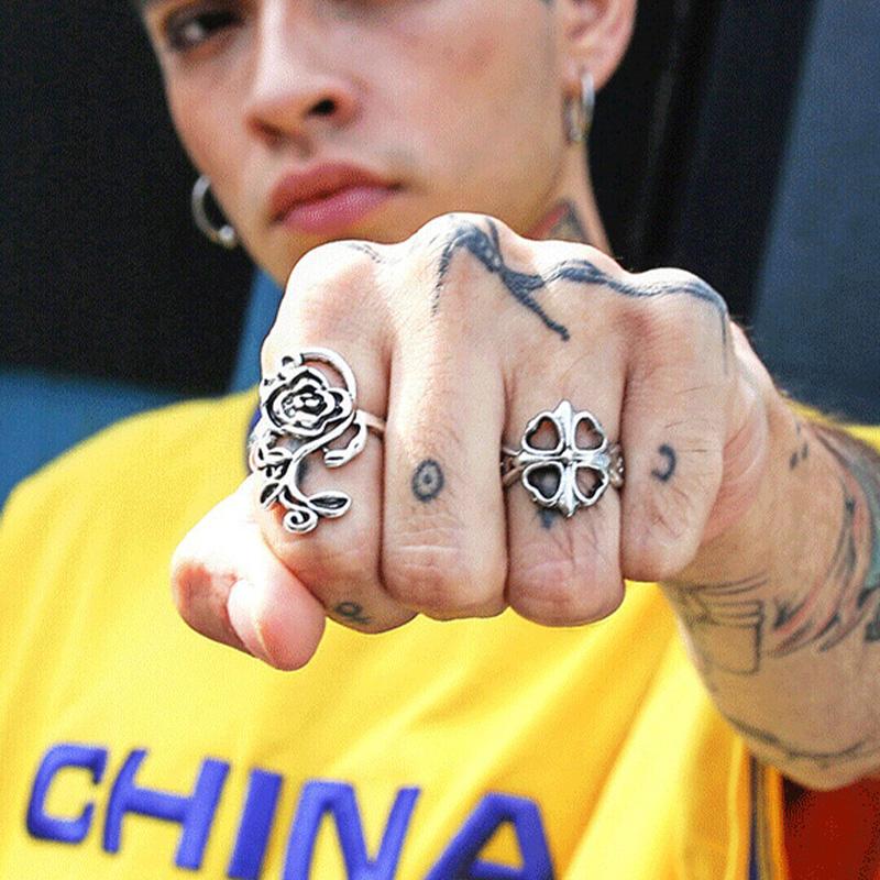 Retro Large Rose Adjustable Open Ring for Women Punk Gothic Edgy Couple Zircon Party Accessories Unisex Gift Bold Statement