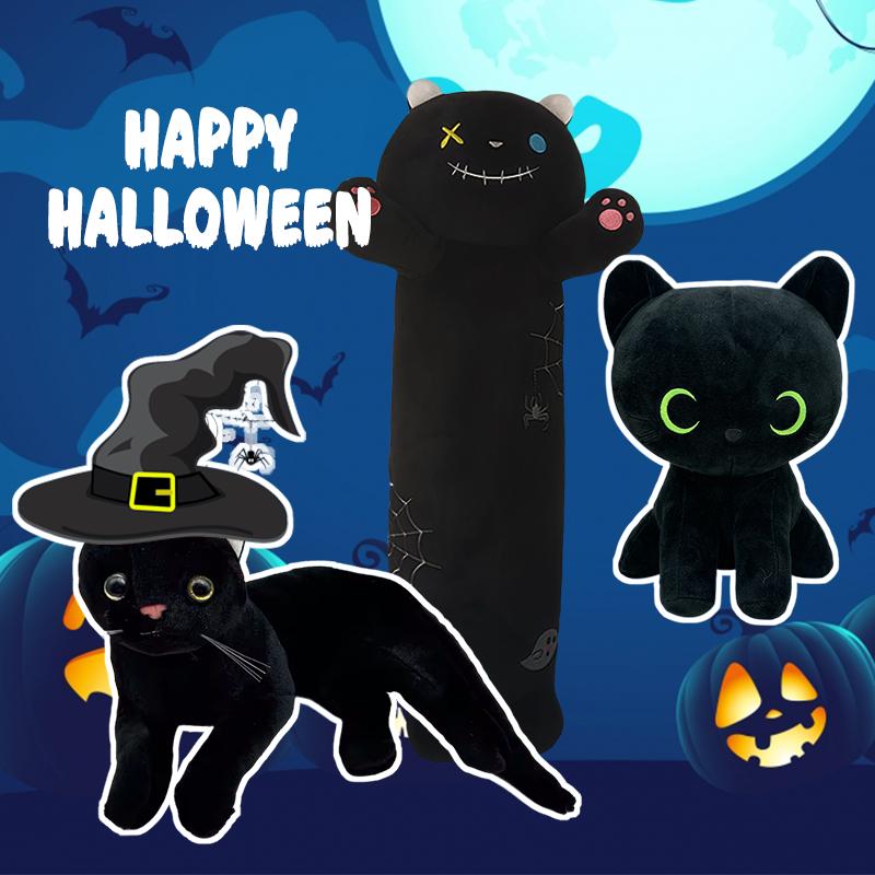 TreasuringU Halloween Party Black Cat Plush Playthings Cute Cartoon Long Cat Fuzzy Dolls Happy Halloween Party Birthday Gifts
