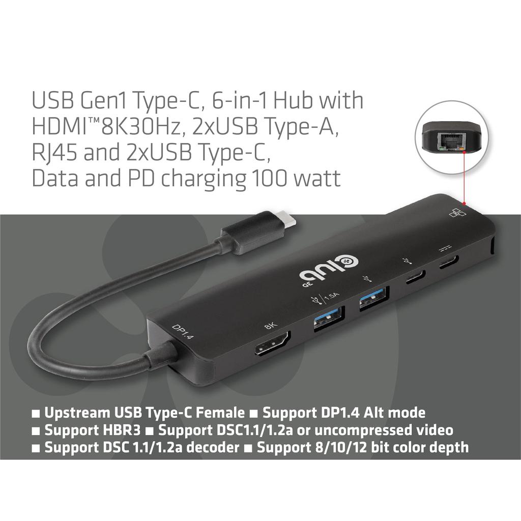Club 3D USB Gen1 Type C Hub To HDMI 8K30Hz 4K120Hz 2x USB A RJ45 USB C 5Gbps USB C 100W 6-in-1 / / / / PD3.0 (CSV-1596)