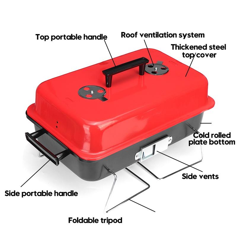 Barbecue Grills Edelstahl BBQ Ofen Outdoor Drahtgitter Werkzeuge Outdoor Faltbare Holzkohlegrills Für Picknick Für 3-5 Personen Schwarz+Rot