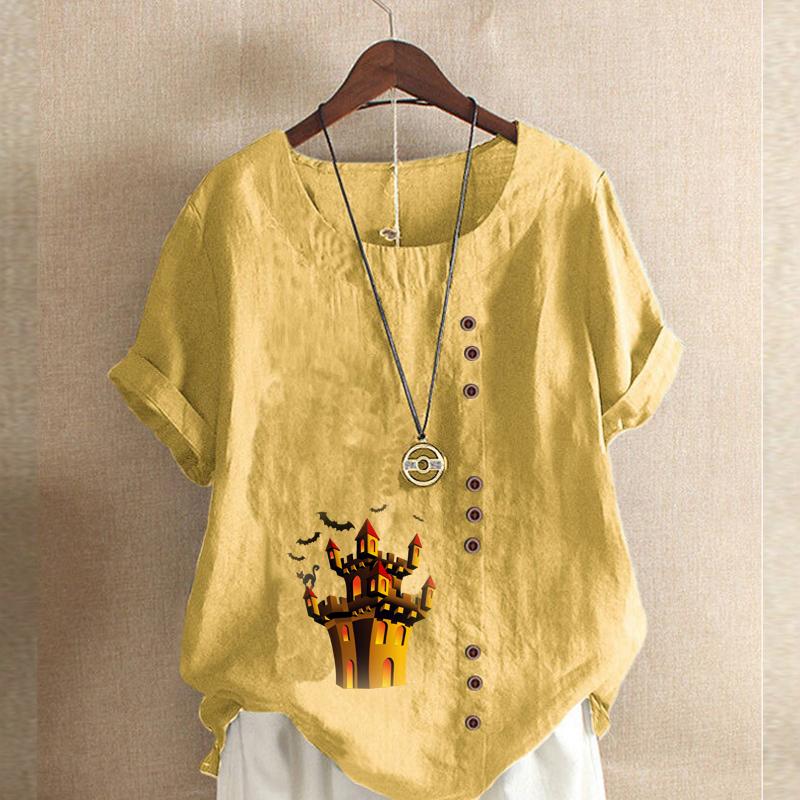 Women's Fashion Haunted House Prined Round Neck Short Sleeve T-shirt Casual Cotton Linen Graphic Shirt Leisure Loose Summer Blouse Tops