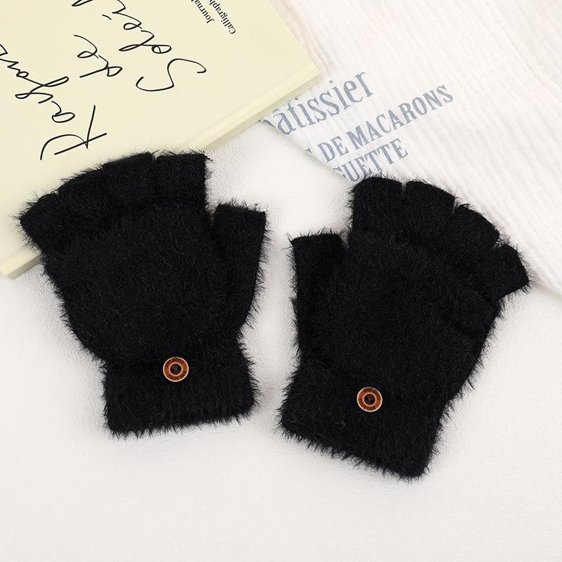 Women's Winter Plush Gloves: Fleece-Lined, Korean Style, Touchscreen, Half-Finger Cycling Gloves