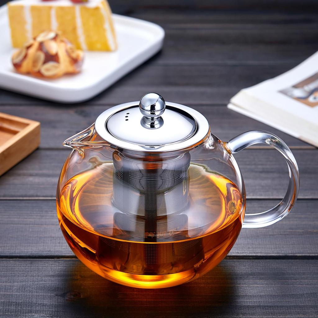 Pokaro Tea Teapot, Heat-Resistant Glass, Perfectly Round, 960ml, with Stainless Steel Strainer, Suitable for Fine-Leaf Tea, Shatter-Resistant,