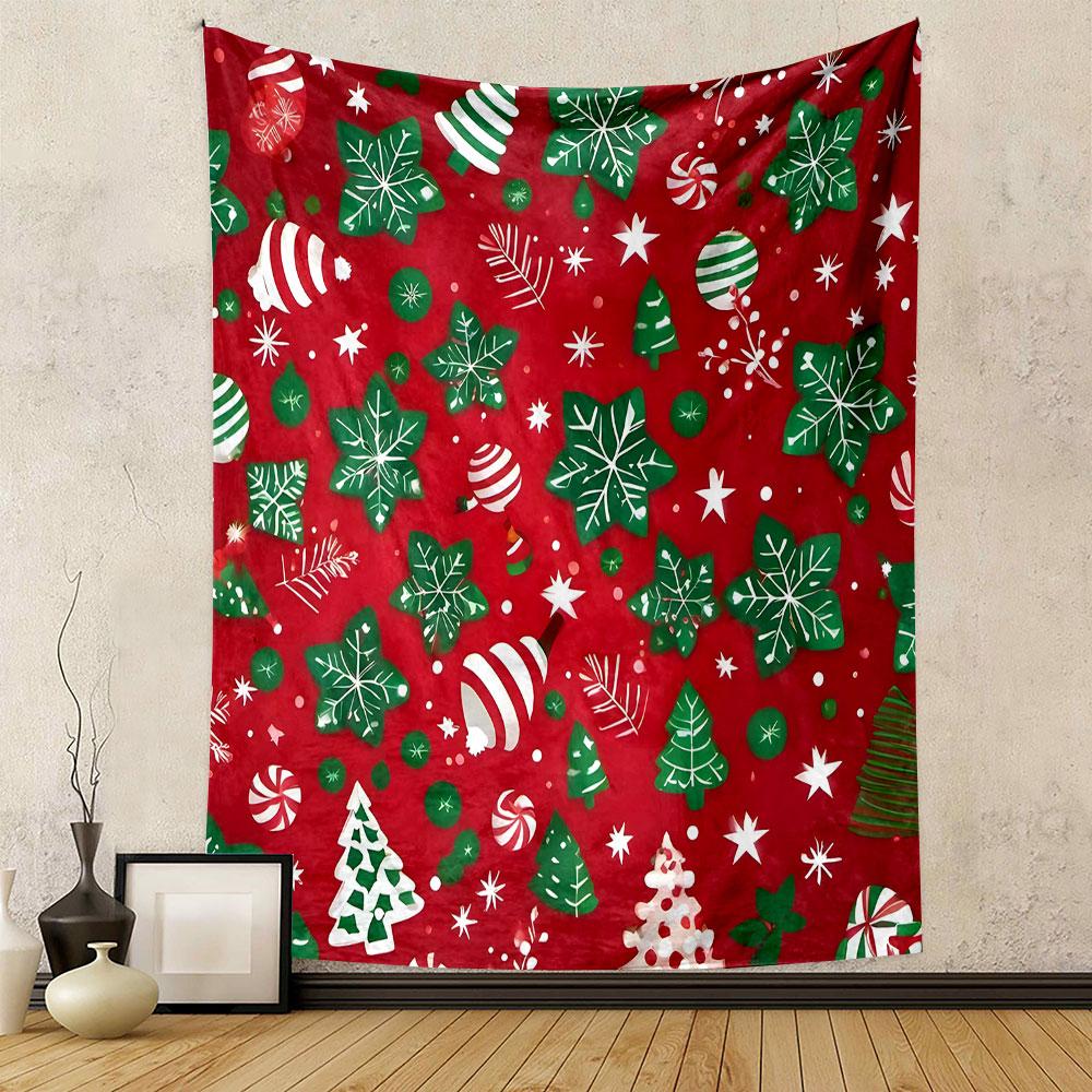 Festive Christmas Pattern on Red Patterned Tapestry Decorative Wall Hanging, Home Bedroom Living Room Decor