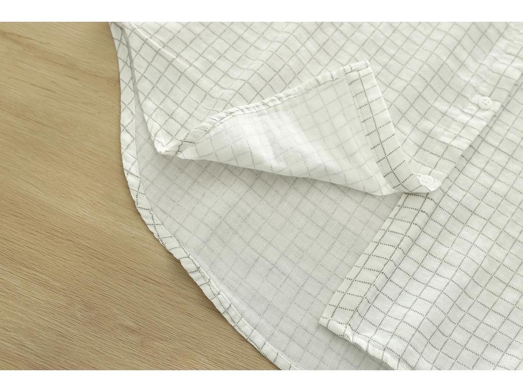 Reine Baumwolle V-Ausschnitt Kariert Damen Kurzarm Doppellagiges Mullhemd