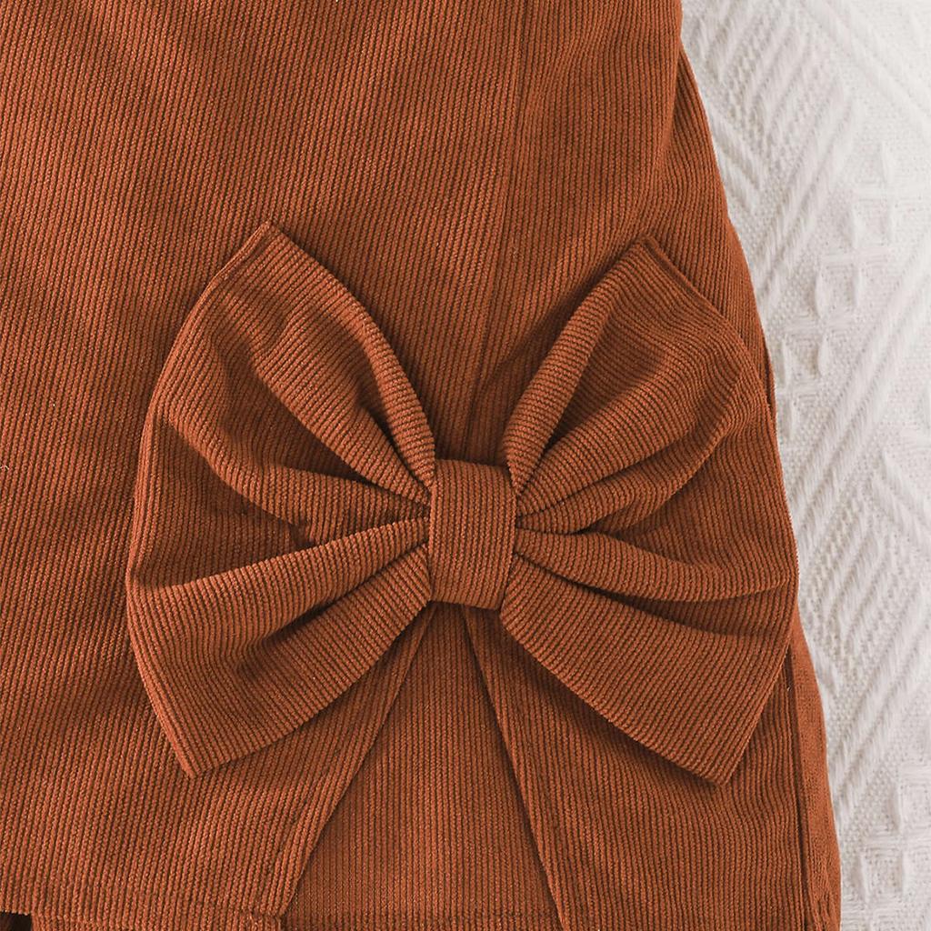 Girls' Two-Piece Set with Puff Sleeves, Turn-Down Collar Cardigan, and Bowknot Skirt Pants