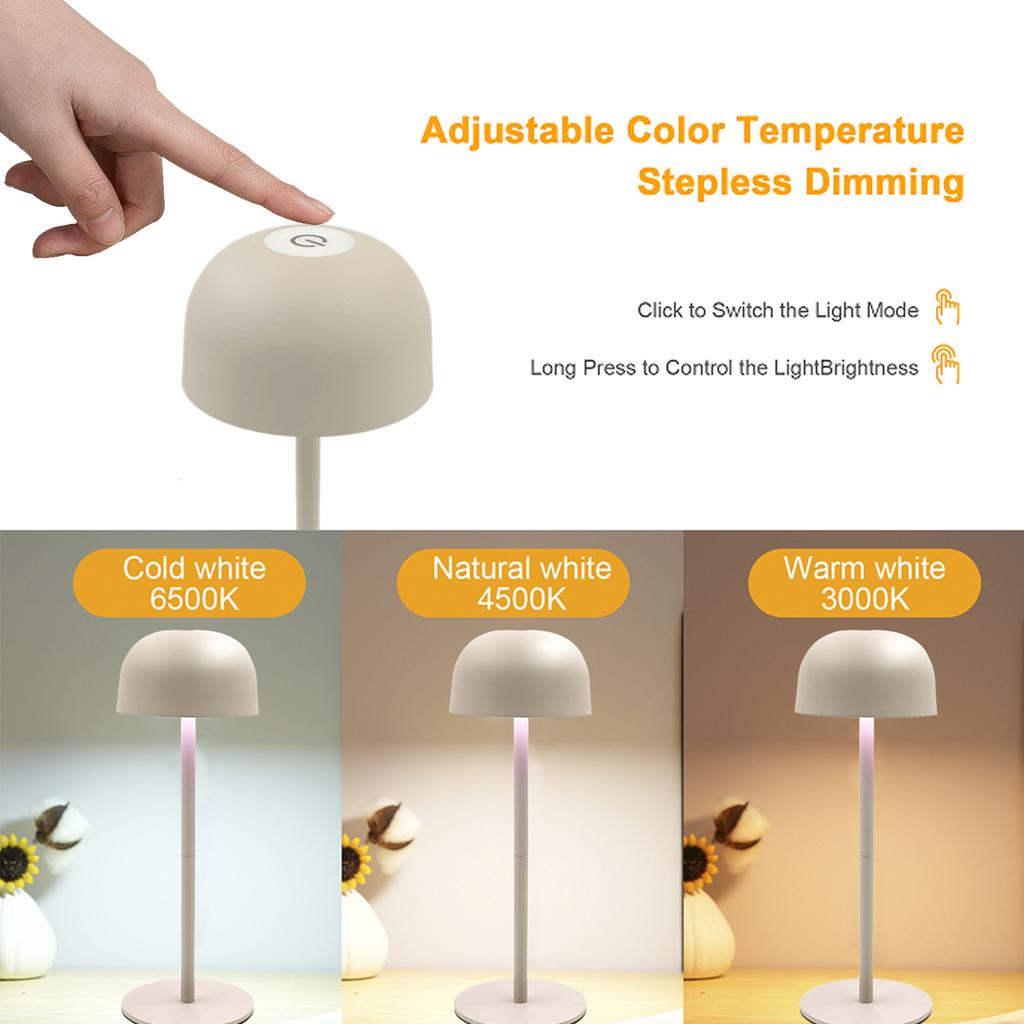 Cordless Table Lamp Rechargeable LED Desk Lamp Bedside Lamp with Detachable Lamp Pole Touch Control