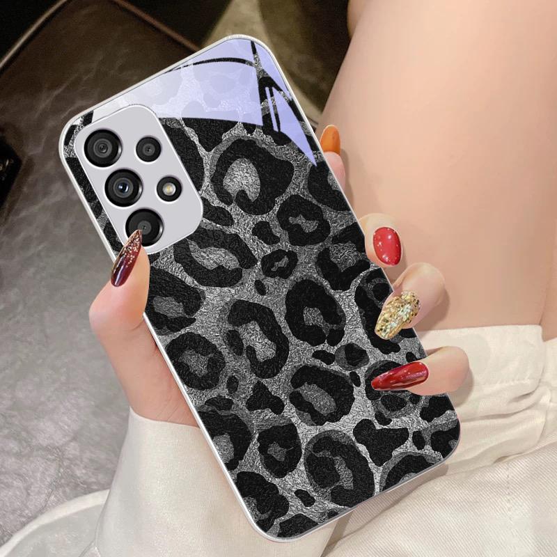 Graues Leoparden-Twill für Samsung Galaxy S10 4G S20 11E 30 S21 22 S24 Fe Pro S23 S25 Ultra 5G S9 Gehärtetes Glas Handyhülle