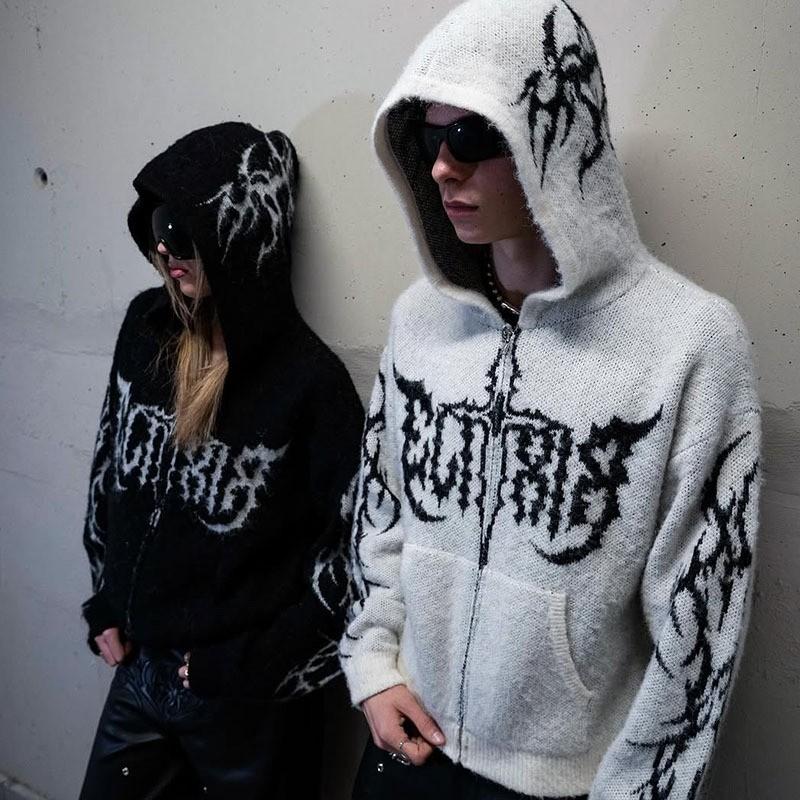 Vintage Streetwear Hooded Sweater Letter Crochet Gothic Style Unisex Loose Fit