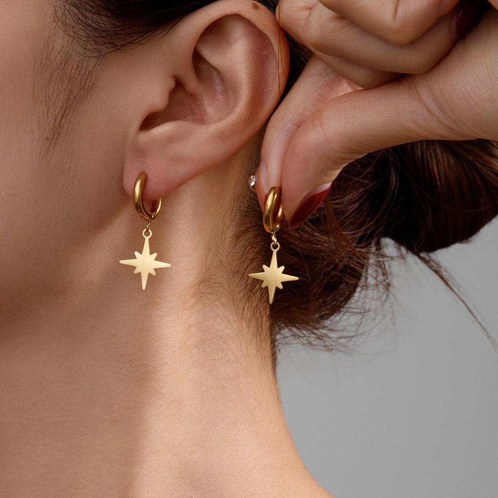 Korean Style Light Luxury Stainless Steel Eight-Pointed Star Earrings for Women - Durable and Fade-Resistant