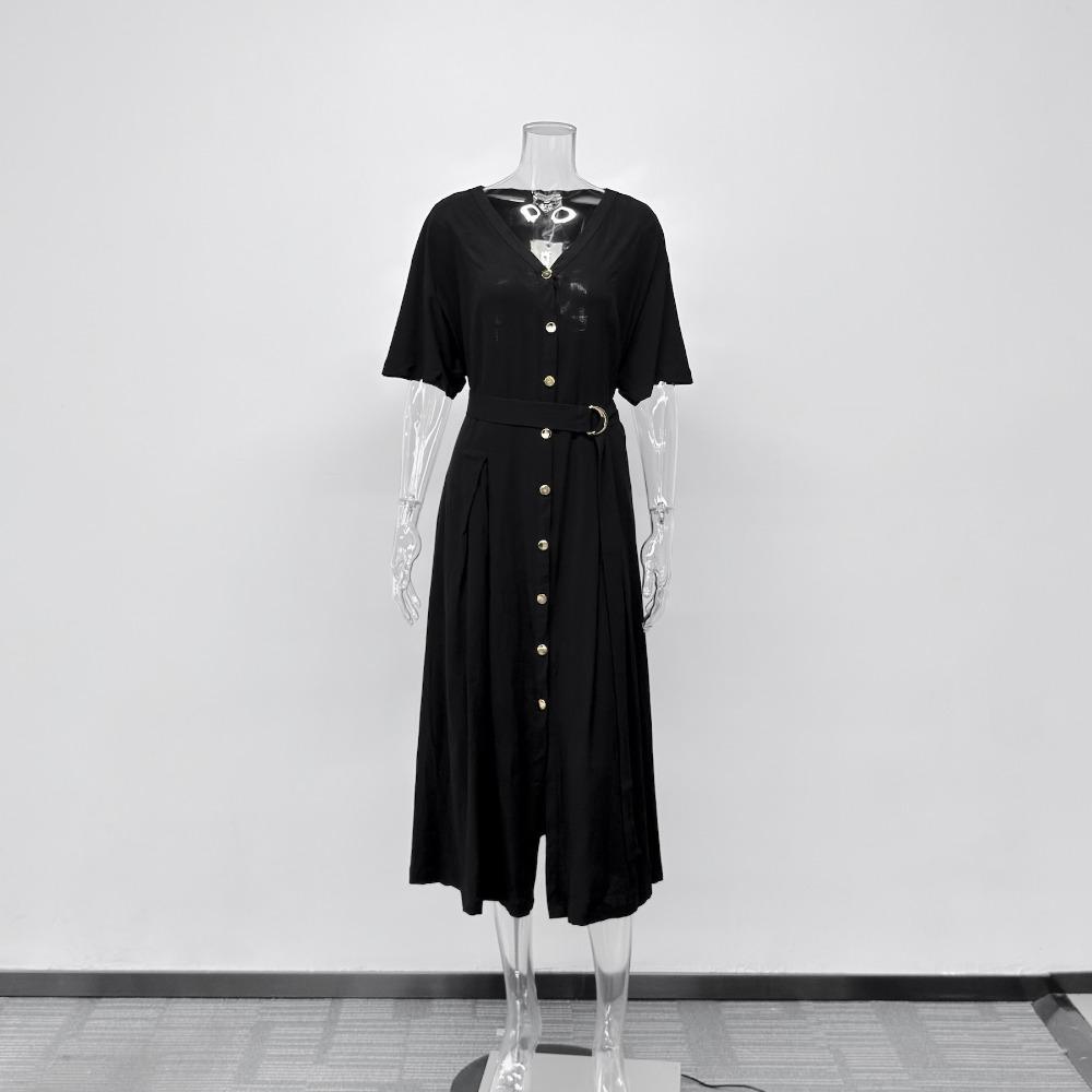 Women's V Neck Short Sleeve Midi Dress Loose Fit Elastic Waist Elegant Style Rayon Linen Blend A Line Dress With Button Belt