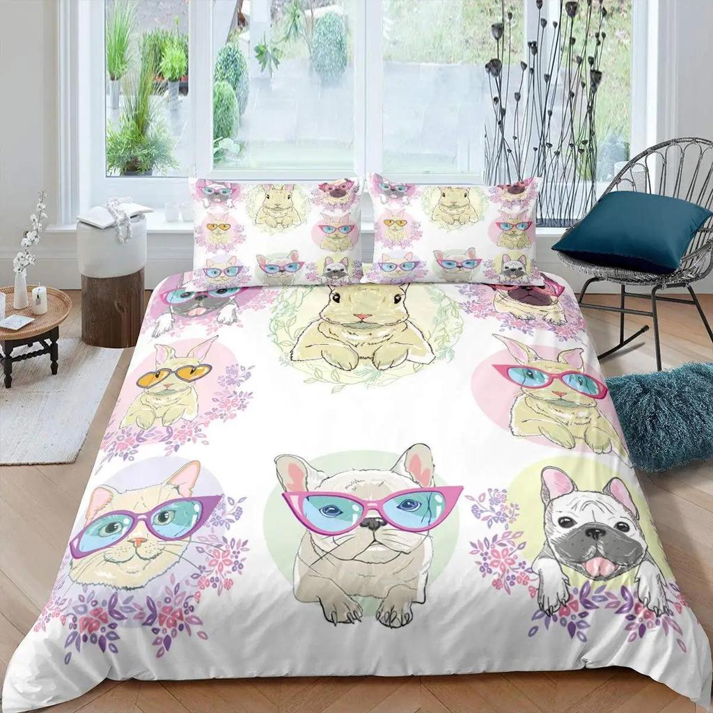 3D-Digitaldruck 2/3-teilig Bettbezug mit Tier- und Katzenmuster, Kissenbezug, Doppelbett-Set, Steppdecke, weiche Mikrofaser-Bettwäsche