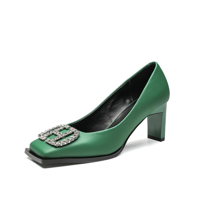 

Mary Jane single shoes thick heel square head green women s shoes with diamonds niche design sense French retro commuter high heels women 40 темно-зеленого