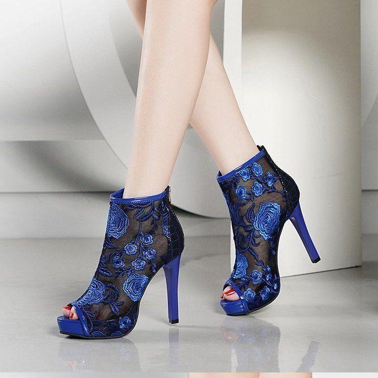 Sexy fashion mesh cool boots women's summer fish mouth high heels embroidered mesh boots single heel shoes women's thin heel high top sandals