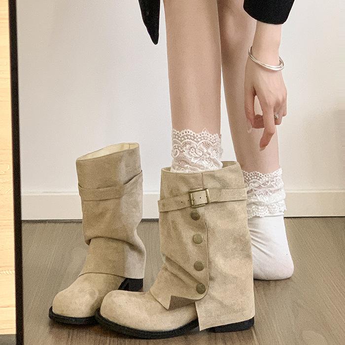 Brown Maillard Style Retro Thick-heeled Boots Children's 2025 New Autumn Skirt with Thin and Heightened Trousers Short Boots