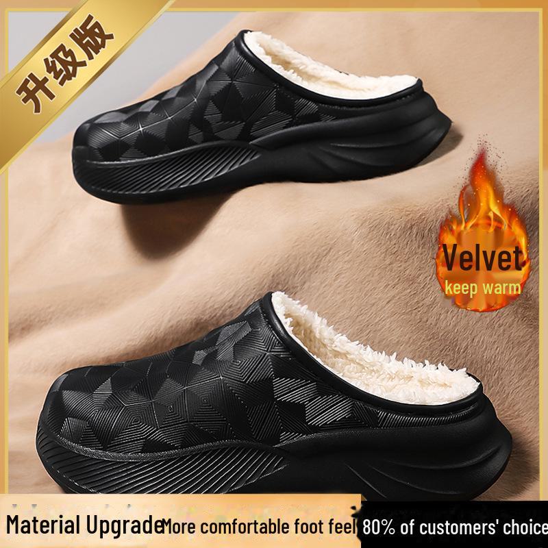 Męskie czarne bawełniane kapcie z aksamitu na obcasie, pogrubione dla ciepła, wodoodporne do noszenia na zewnątrz zimą. Odpowiedni dla nastolatków.