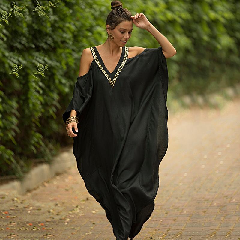 V-neck gold-edged off-the-shoulder beach skirt loose plus size vacation dress bikini blouse sunscreen One size fits all