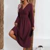 Women's Fashionable Solid Color V-neck Long Sleeved Pleated Long Dress