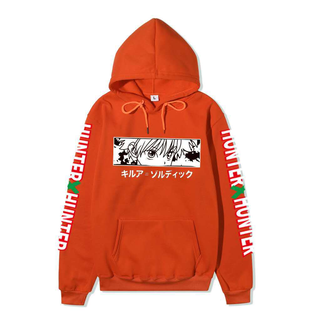 Hunter X Hunter Killua Anime Hoodie Sleeve Letter Print Black Manga Long Sleeve Casual Hooded Pullover Sweatshirt
