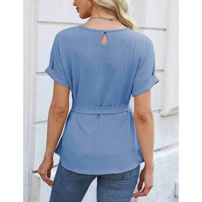 Spring Summer Casual Shirt with Ruffled Edges Pleated Round Neck Short Sleeved Top Fashion Women