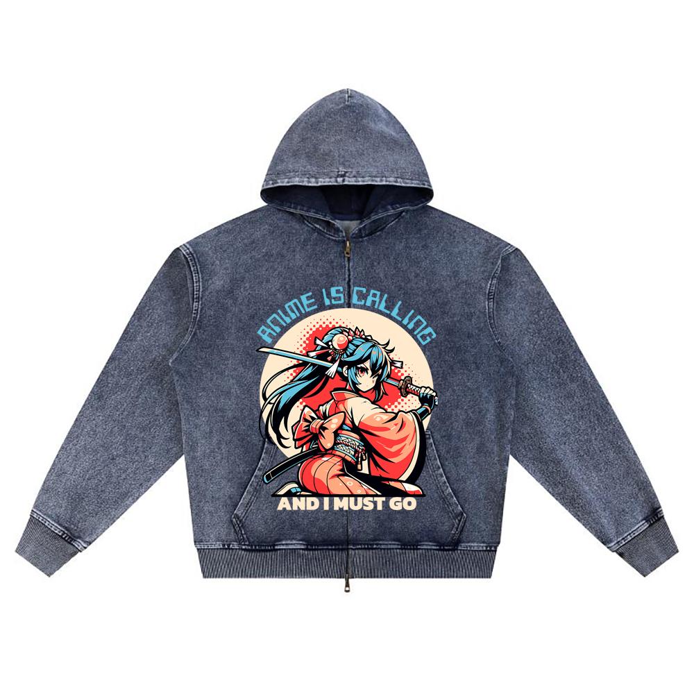 

Худи на молнии из вязаного денима с DTG-принтом, Япония, Самурай, Брат, Толстовки на молнии XL