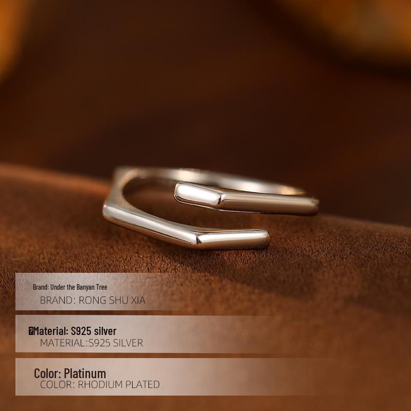 Banyan Tree S925 Silver Hexagonal Minimalist Open Index Ring - Korean Fashion