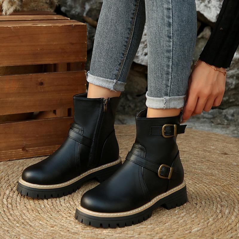 Botines de Tobillo de Punta Redonda de Ancho Especial para Mujer, Botas Martin de Plataforma Estilo Británico, Botas de Montar Finas con Cremallera Lateral para Mujer