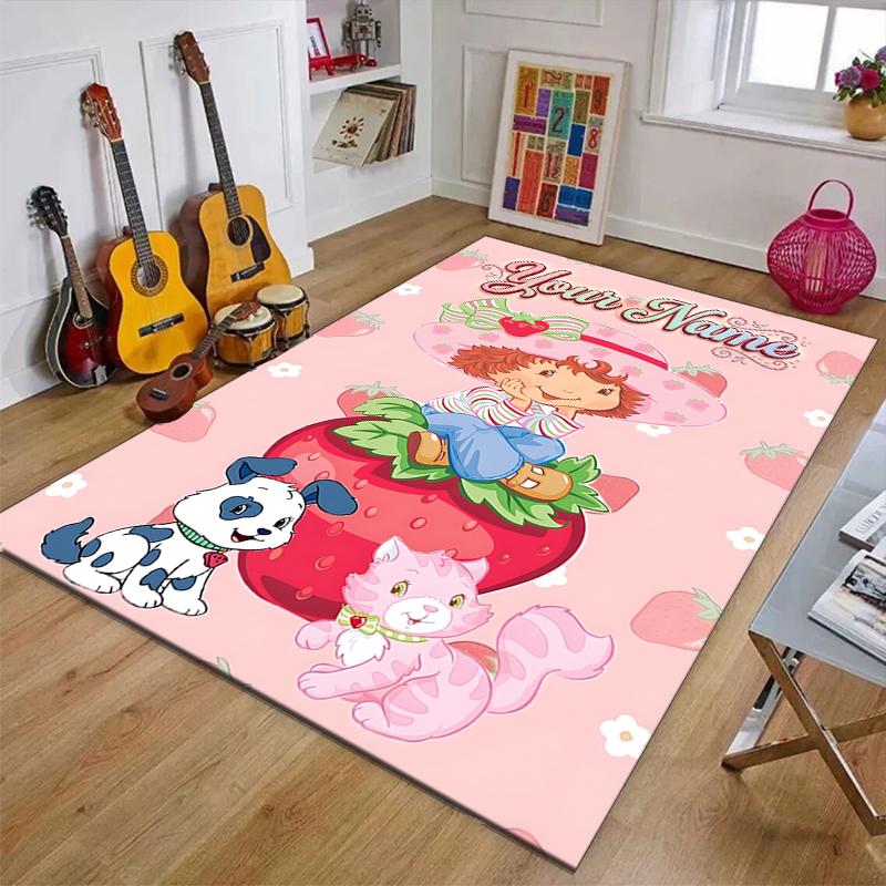 Princess Strawberry Design Area Rug Personalized Name- Non-Slip, Soft & Cozy Floor Mat for Living Room, Office - Indoor/Outdoor Carpet
