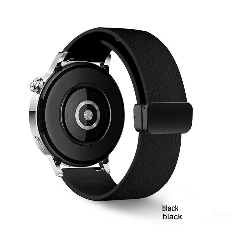 Magnetic Silicone Folding Buckle Watch Strap for Huawei GT5, Samsung 22/18mm with Lychee Pattern.