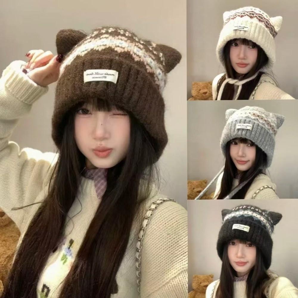 Thickened Winter Beanie With Earmuffs Fair Isle Unisex Warm Hat Cat Ear Knitted Hat Leisure Travel