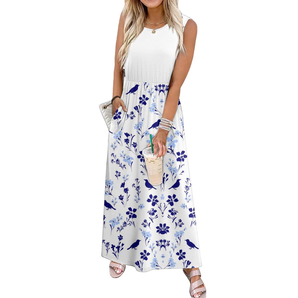 Ladies' Floral Print Casual And Fashionable Waist Cinched Sleeveless Dress