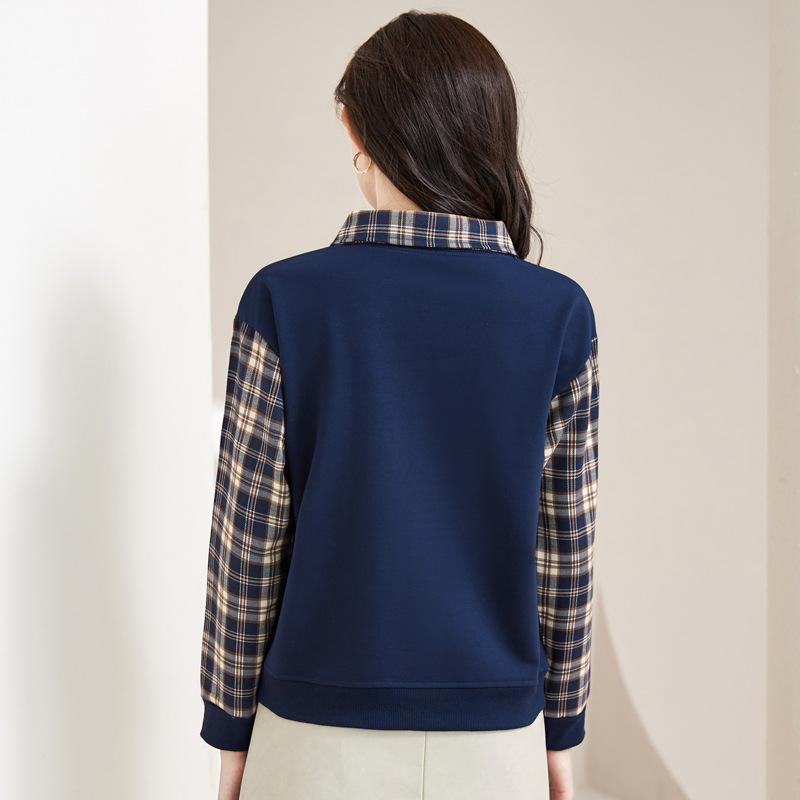 Women's Spring New Fashion Check Fake Two High Grade Loose Long Sleeved Top