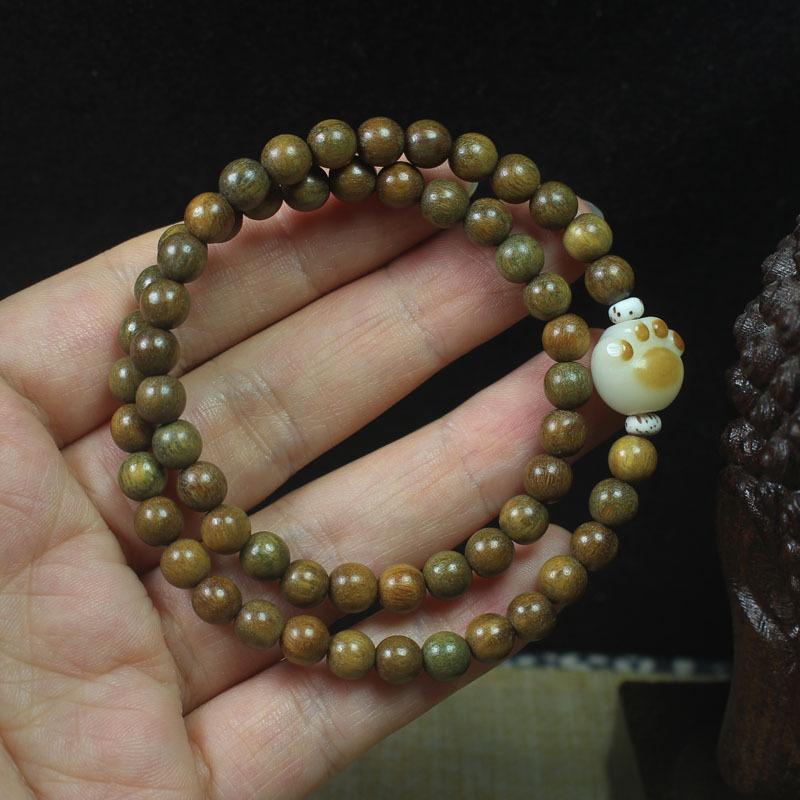 Green Sandalwood 6mm Double Circle Bracelet Lotus & Cat Paw Design Women s Buddhist Jewelry