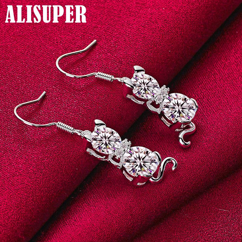925 Sterling Silver Cat AAA Zircon Drop Earring Jewelry